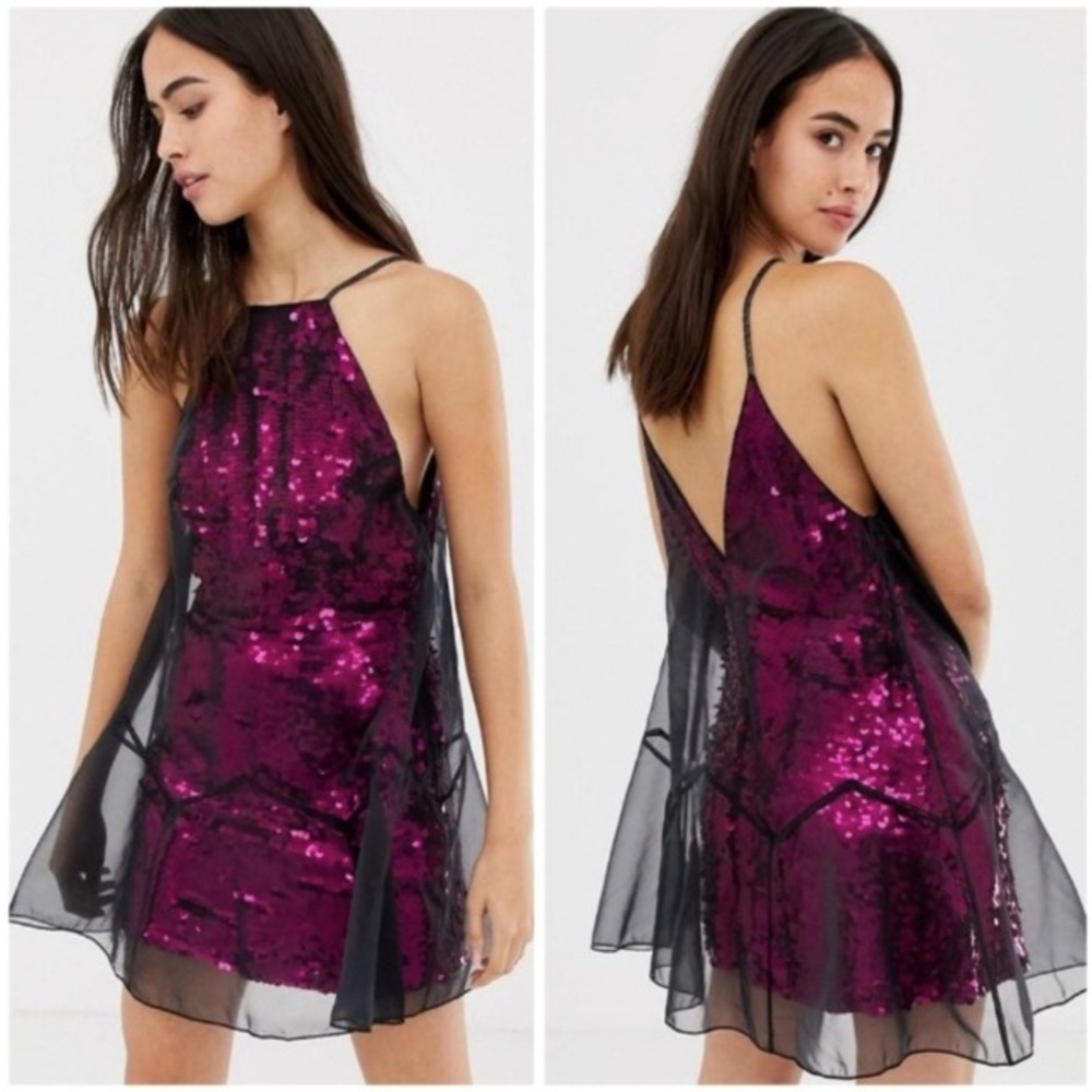 Free People Ghost Mini Dress Pink Sequin Sheer Overlay Whimsigoth Disco Size 4